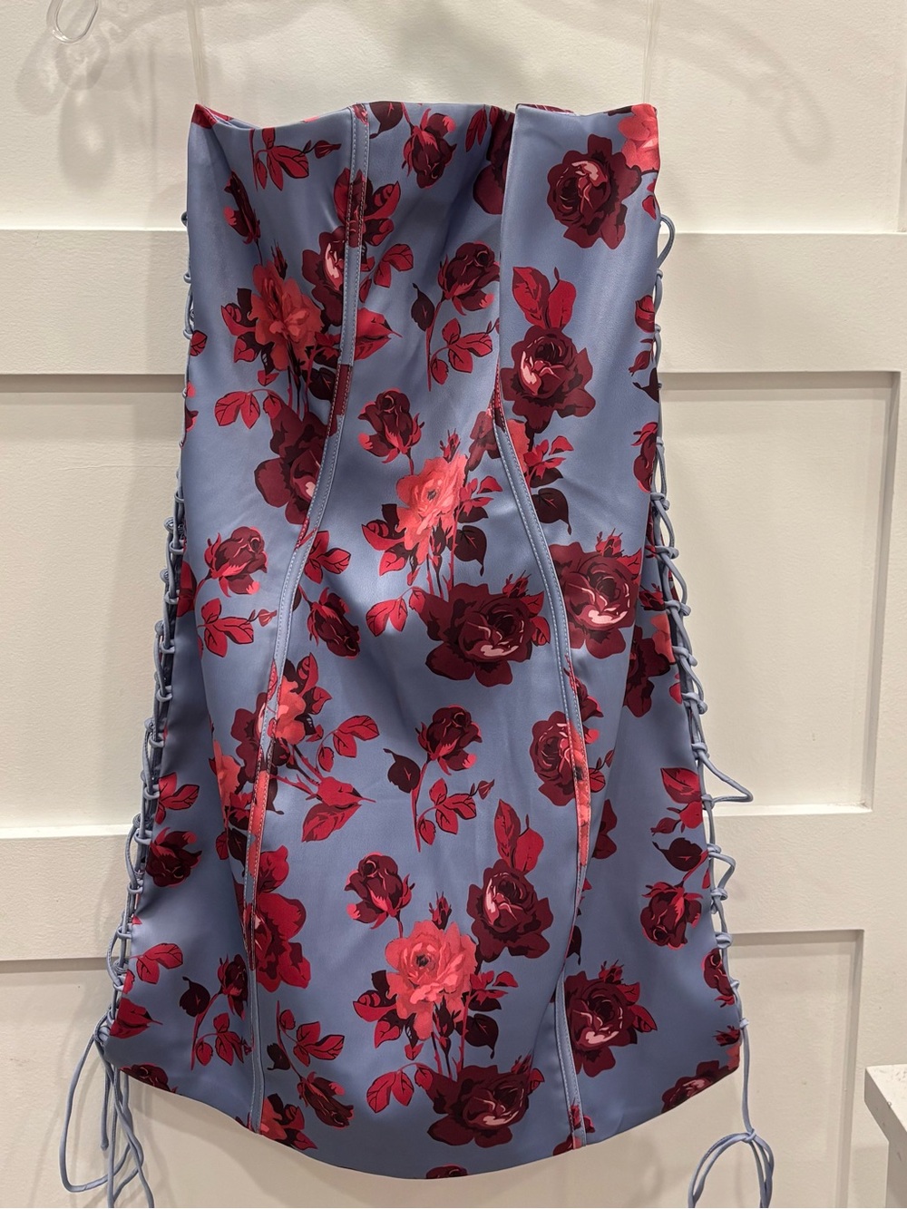 Oh Polly Strapless Floral Dress in Periwinkle with Red Roses